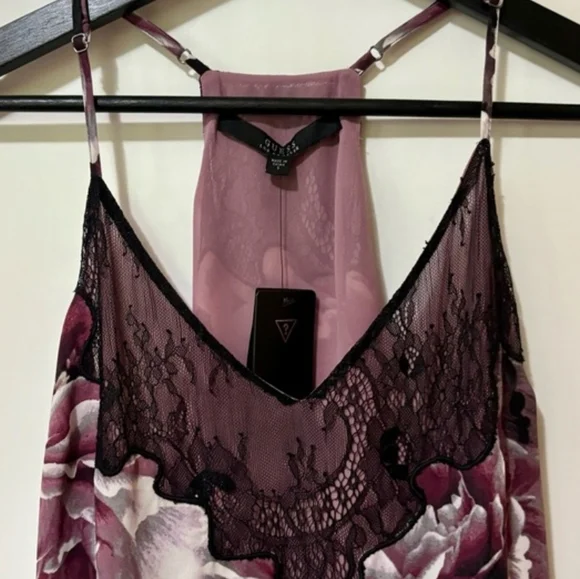 Guess| NEW Gorgeous Purple Black Floral Lace Long Chemise Dress Sz S w/Tags - Picture 2 of 3
